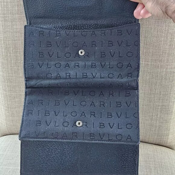 BVLGARI Clutch Long Wallet Card Holder Black Leather/Canvas Bag Purse Made Italy - Picture 4 of 14